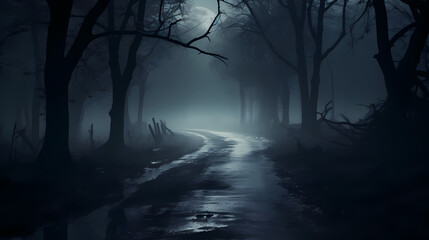 Mysterious dark forest at night