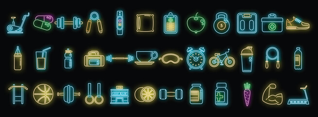 Healthy lifestyle icons set outline vector. Diet food. Sport nutrition neon isolated