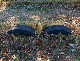 Two car tires that half planted on the ground.