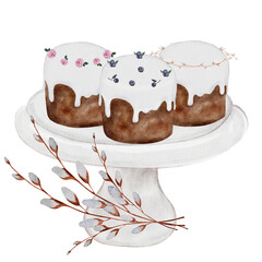 Easter cakes on a stand watercolor illustration. Festive composition of cupcakes decorated with white icing flowers and berries. With a bouquet of willow. Clip art isolated on white background for