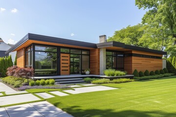 A modern minimalist house nestled in a quiet suburban neighborhood