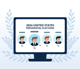2024 Presidential elections in the USA. Template for website, landing page of online survey. Monitor screen with candidate data and results after voting. Flat vector illustration.