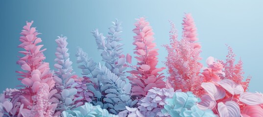 Pastel thuja leaves in pink, lavender, and mint   delicate and feminine background