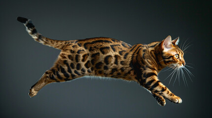 A playful Bengal cat with striking spotted markings, photographed against a solid charcoal gray backdrop.