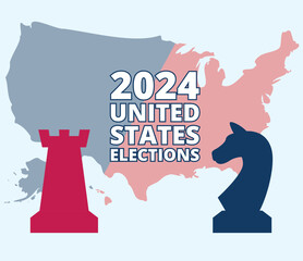 2024 Presidential elections in the United Stares with USA map. Democrats against Republicants. Electoral symbols of both political parties chess figures. Flat vector illustration. Vote day November 5