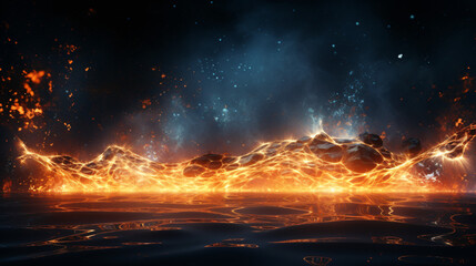 Fototapeta na wymiar Dynamic wave of particles in a futuristic fire background