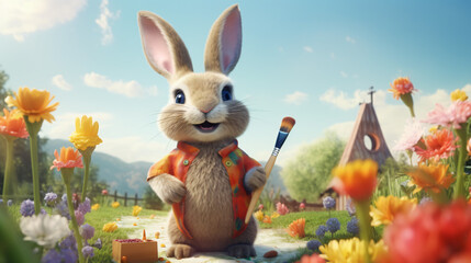 Easter bunny with a paintbrush on a sunny lawn. 3 d il - obrazy, fototapety, plakaty