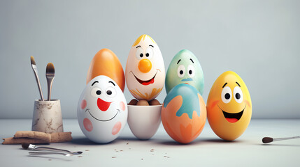 Easter minimalist concept. Eggs with funny faces and a