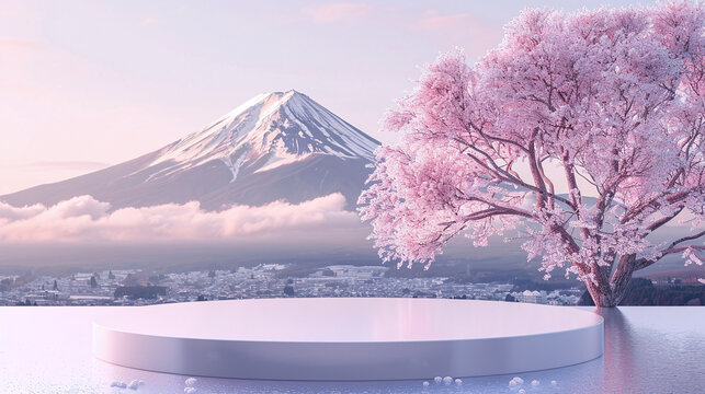 A podium for displaying products with a snowy winter background. Ai generate.