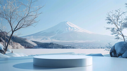 A podium for displaying products with a snowy winter background. Ai generate.