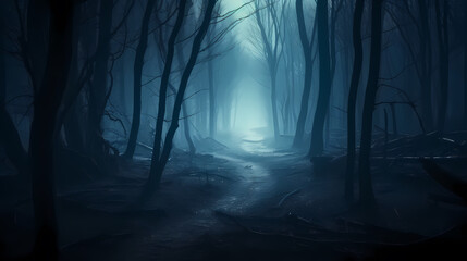 Foggy dark forest path scary melancholy background