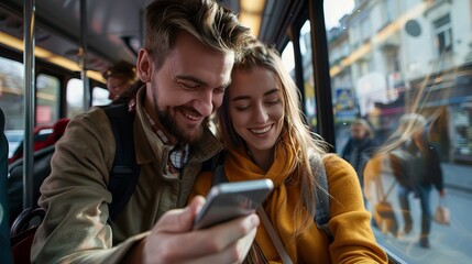Fototapeta na wymiar beautiful happy young couple using smartphone together in bus 