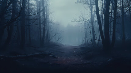 Fototapeta premium Foggy dark forest path scary melancholy background