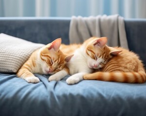 Cute kittens sleep with orange and blue cat on sofa, tranquil sleep scenes, calm nighttime environments, world sleep day wellness