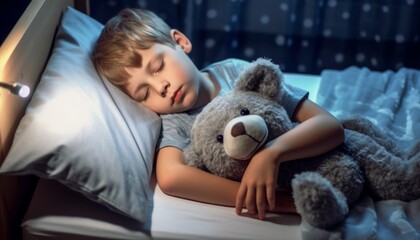 A child sleeps peacefully in bed with a teddy bear resting on their head, cozy bedroom setups for world sleep day, comfortable sleepwear, serenity in bed