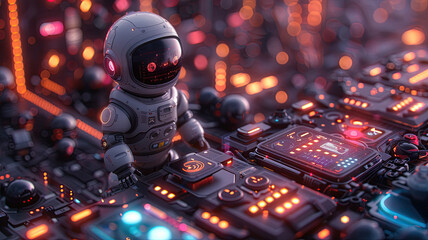Futuristic astronaut toy on a motherboard with glowing neon lights with blurred dan bokeh background - obrazy, fototapety, plakaty