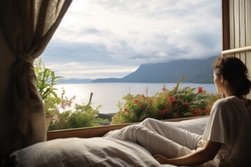A woman relaxes on bed gazing at ocean view, dreamy landscapes for relaxation, meditative scenes, world sleep day tranquility