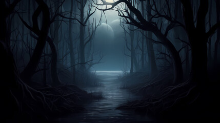Foggy dark forest path scary melancholy background - obrazy, fototapety, plakaty