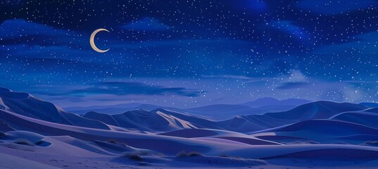 Moonlit desert oasis with crescent moon, stars, sandy hues blending in mystical rama atmosphere - obrazy, fototapety, plakaty