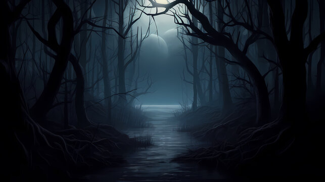 Foggy dark forest path scary melancholy background © Derby