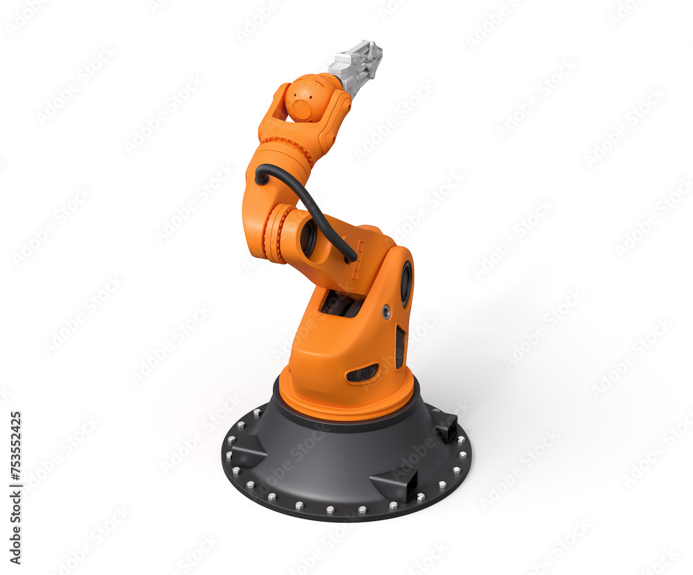 Poster 3d rendering of orange robotic arm with grey gripper standing on white background.