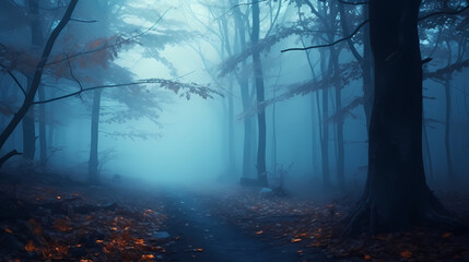 Fototapeta premium Foggy dark forest path scary melancholy background