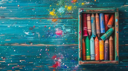 Colorful wax and sparkling crayons in wooden box on blue table  - obrazy, fototapety, plakaty