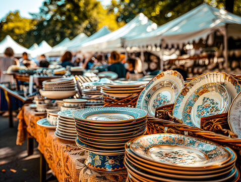 Stand de vaisselle de seconde main sur une brocante, ou un vide-greniers