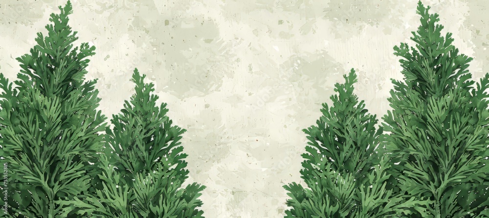 Poster soft watercolor thuja branches in translucent hues creating a unique and artistic background design.