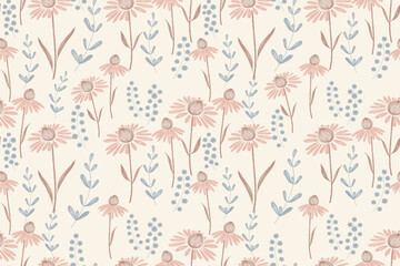 Pink flower pattern seamless background border frame. Vector illustration hand drawn peach pink coneflower floral with branches leaves.  © Wita Pixs
