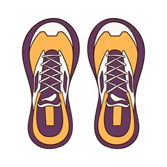 Casual sneakers for male and female in cartoon. Hand drawn shoes yellow and violet color. Top view design for icon, shop logo. Vector illustration isolated on a white background.
