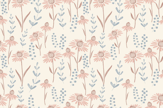 Pink flower pattern seamless background border frame. Vector illustration hand drawn peach pink coneflower floral with branches leaves. 