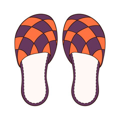 House slippers in cartoon. Female, male footwear. Hand drawn logo for web design, shoes store. Vector illustration isolated on a white background.