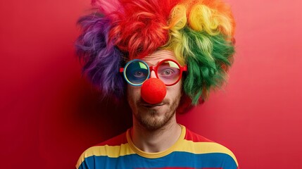 Funny man with large glasses, rainbow wig and clown nose on red background. April fool's day