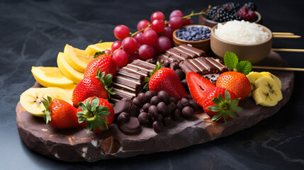 Exotic fruits on skewers chocolate dip served on a mar