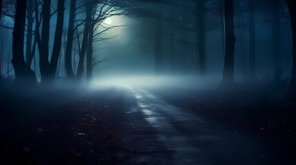 Fototapeta premium Foggy dark forest path scary melancholy background