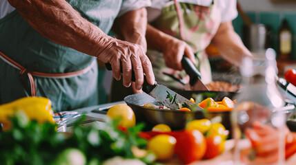 An image of a senior couple engaged in a cooking class, illustrating the joy of learning new culinary skills and maintaining a healthy lifestyle through nutritious meals - obrazy, fototapety, plakaty