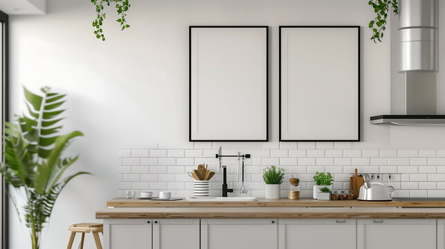 Minimalist kitchen room interior with empty frame on the wall.