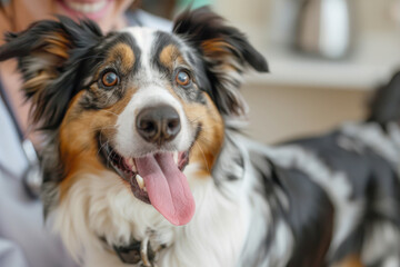 Happy Dog with Veterinarian. A close-up of an exuberant dog with a tongue out, with the blurred figure of a veterinarian in the background, highlighting pet care and veterinary services.
