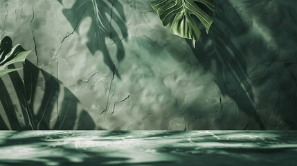 Empty table on khaki green texture wall background. Composition with monstera leaves shadow on the wall and light reflections. Mock up for presentation, branding products, cosmetics food or jewelry