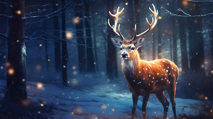 Fallow deer in the winter forest with lights and snow