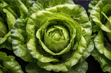 Lettuce with water drops close up view, fresh food
