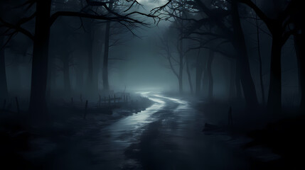 Foggy dark forest path scary melancholy background