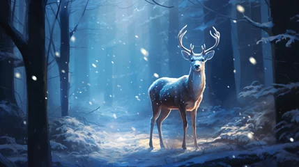 Gordijnen Fallow deer in the winter forest with lights and snow © Cedar