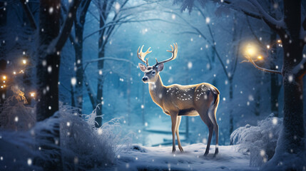 Fallow deer in the winter forest with lights and snow - obrazy, fototapety, plakaty