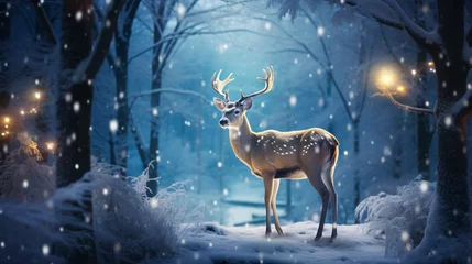 Foto op Plexiglas Fallow deer in the winter forest with lights and snow © Cedar
