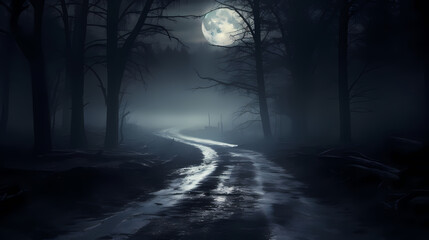 Fototapeta premium Foggy dark forest path scary melancholy background