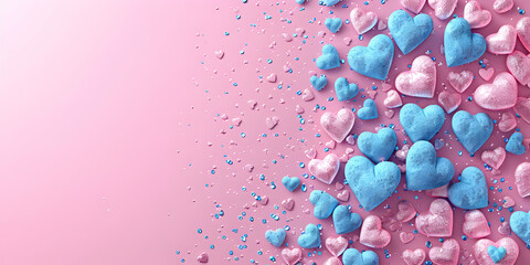 Happy Valentine's Day, pink balloons in heart shape   and plenty of space for text  - obrazy, fototapety, plakaty