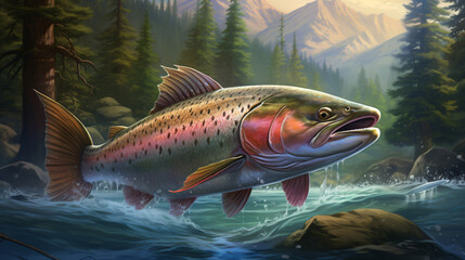 Fishing. Rainbow trout hunt for bait - obrazy, fototapety, plakaty