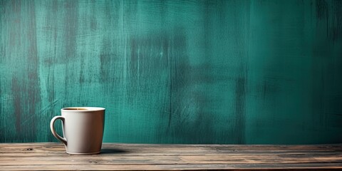 Grunge background with wooden table and green mug.
